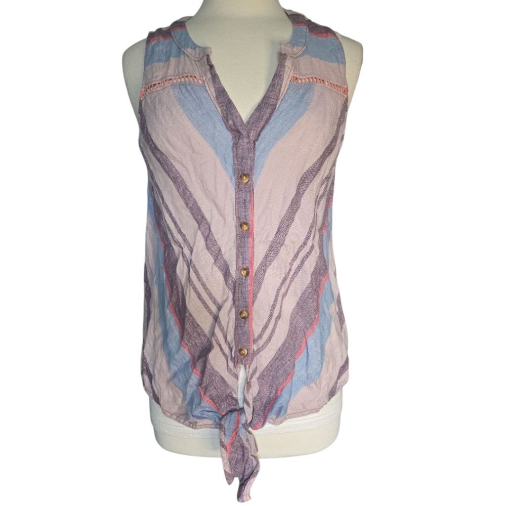 Anthropologie Maeve Pink and Blue Buttoned Tie Front Sleeveless Top - 10